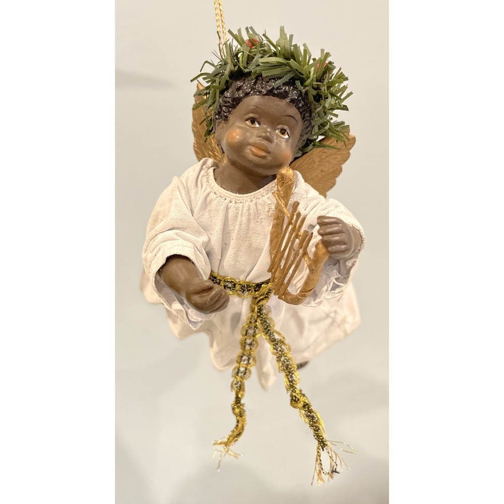 Vintage 1990's Clothtique Possible Dreams African American Angel Ornament W/Harp